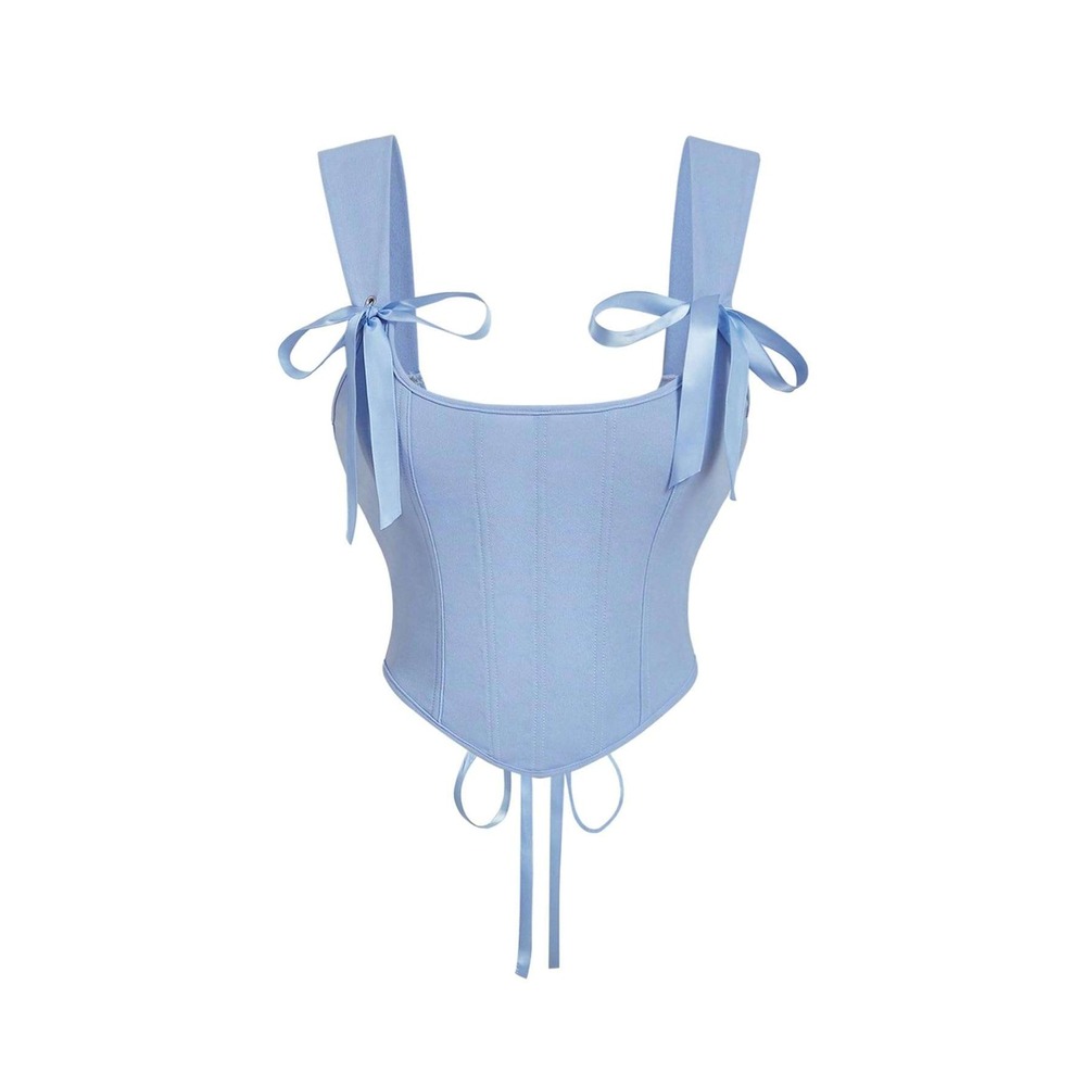 Sky Blue Soft Corset Top Square Neck Bow Tie Strap Lace Up Back‎ Size XS